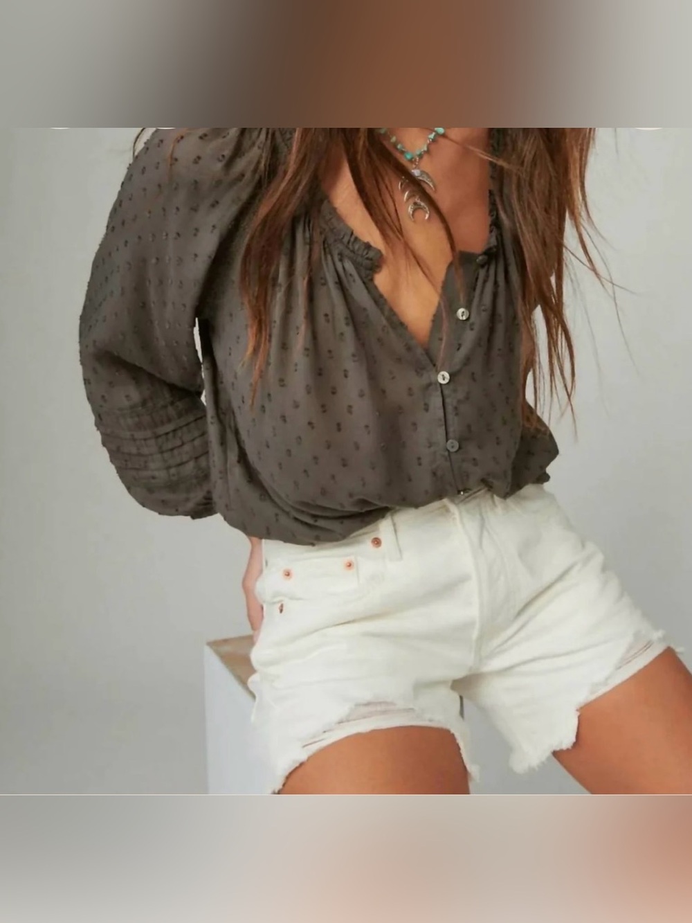 Lucky Brand 90s Midi Short Distressed Denim Shorts in White Size 26 NWT